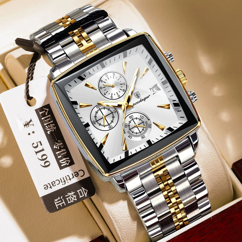 Square faced men's business watch with stainless steel strap in one of ten colour options.