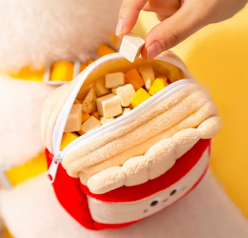 Cartoon hamburger print adjustable vest leash harness for a dog, connected to a walking rope.