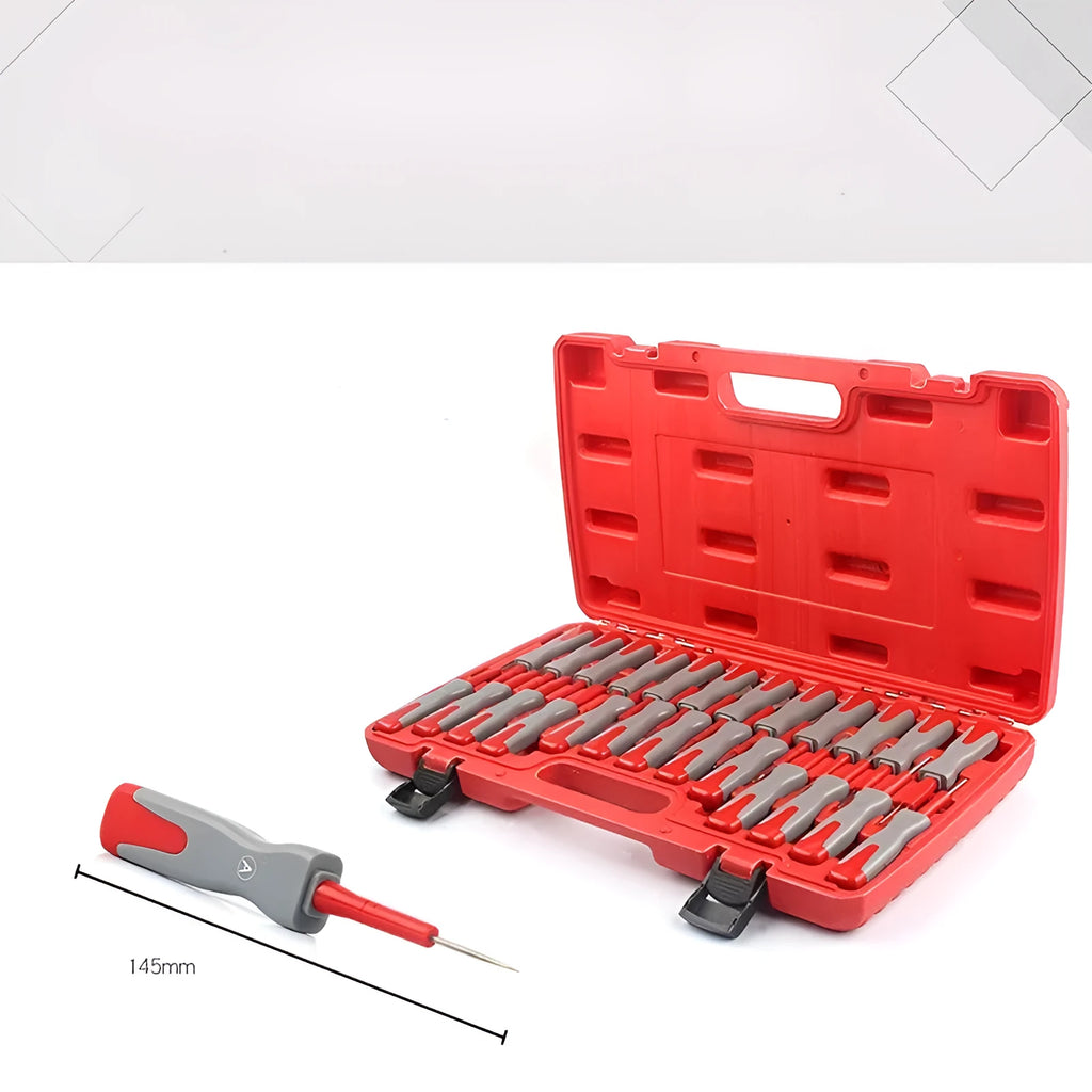 25-piece car terminal removal tool kit with needles and keys for harness disassembly in a storage case.