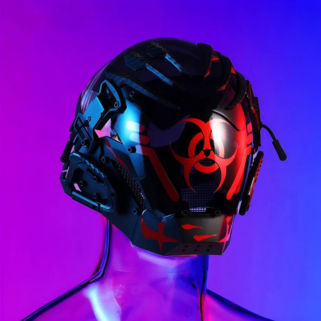 Black cyberpunk full face helmet mask with resin construction for costume events