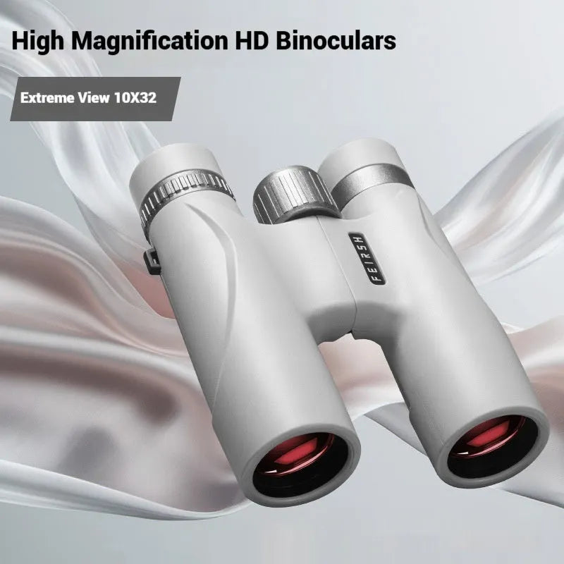 Blue and grey 10x32 compact binoculars showing 32mm objective lenses and plastic body.