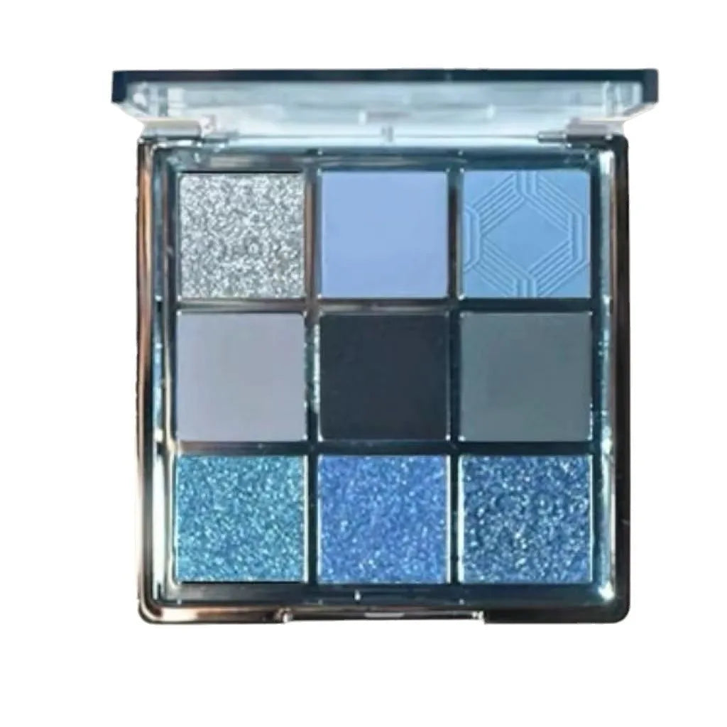 MUGELEEN nine-colour eye shadow palette 08 showing low saturation blue and earth tones with matte shimmer finishes
