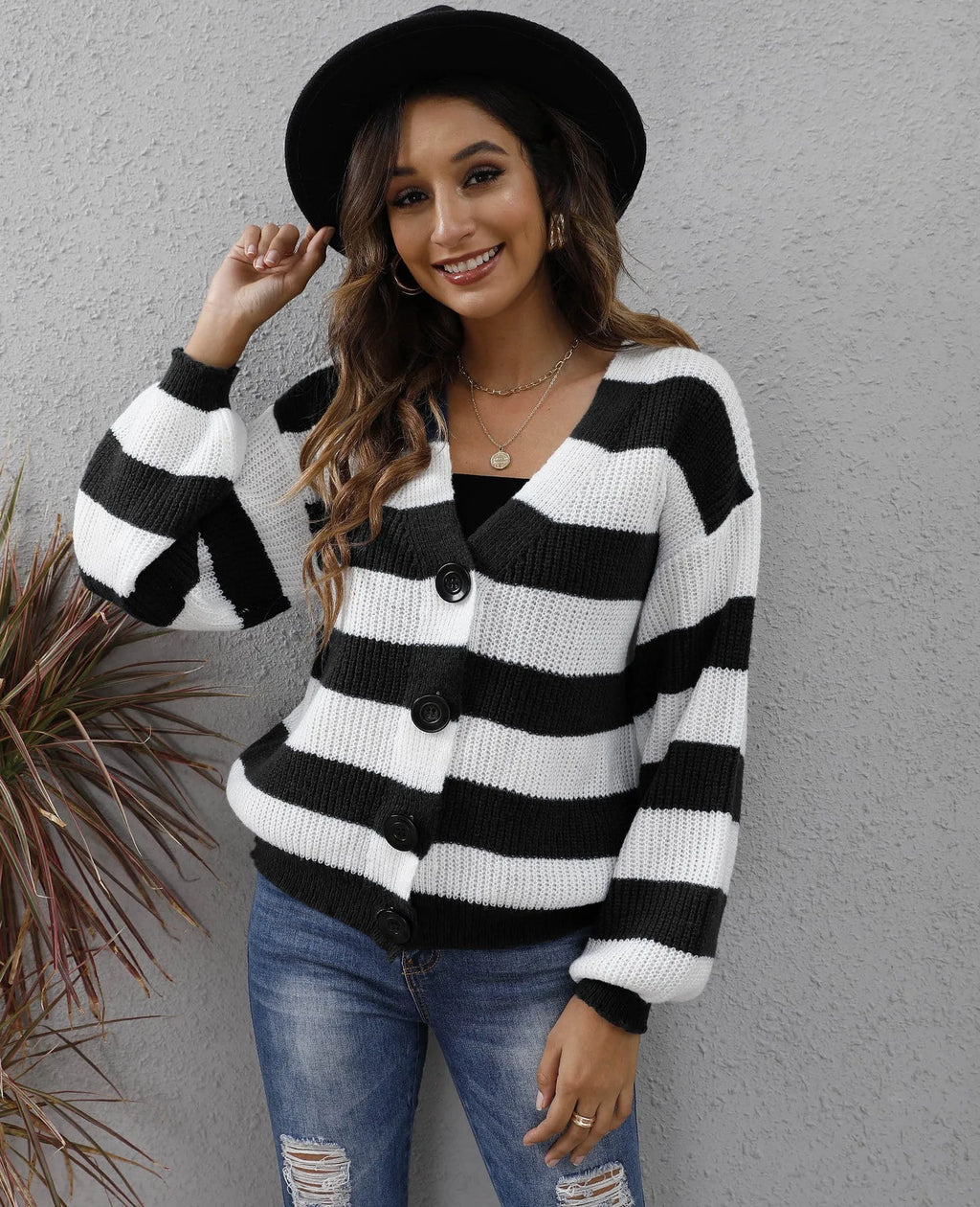 Women's striped cardigan with button front and deer plush fabric in European-American street fashion style