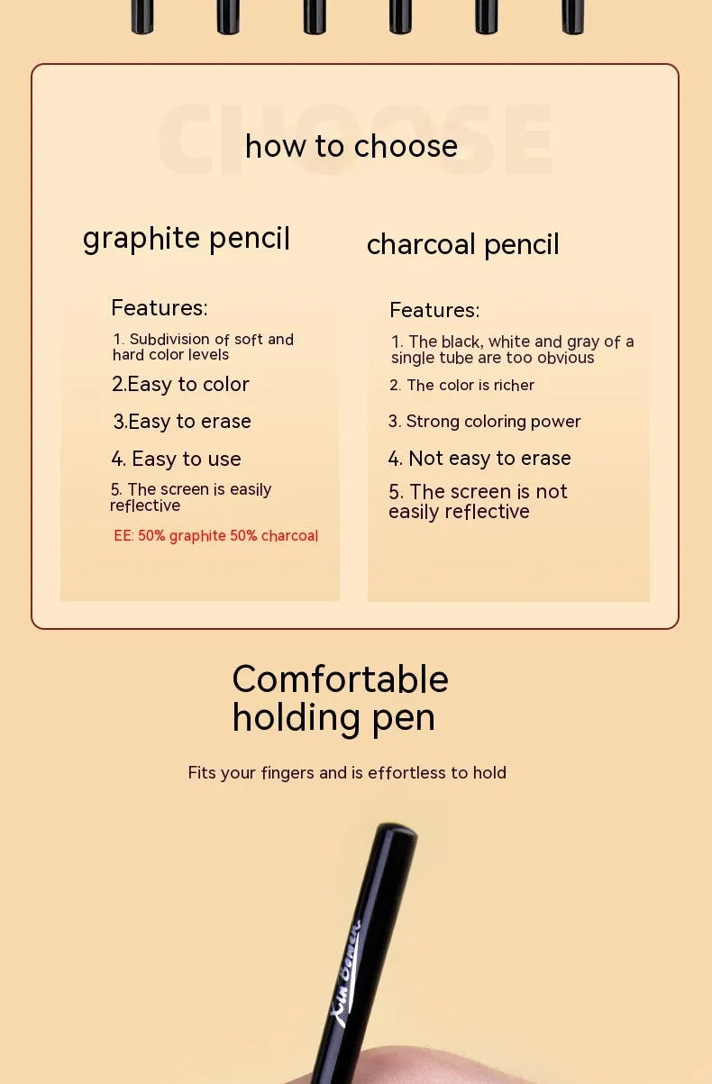 Set of six wood-free graphite sketching pencils showing HB, 2B, 4B, 6B, 8B and EE grades