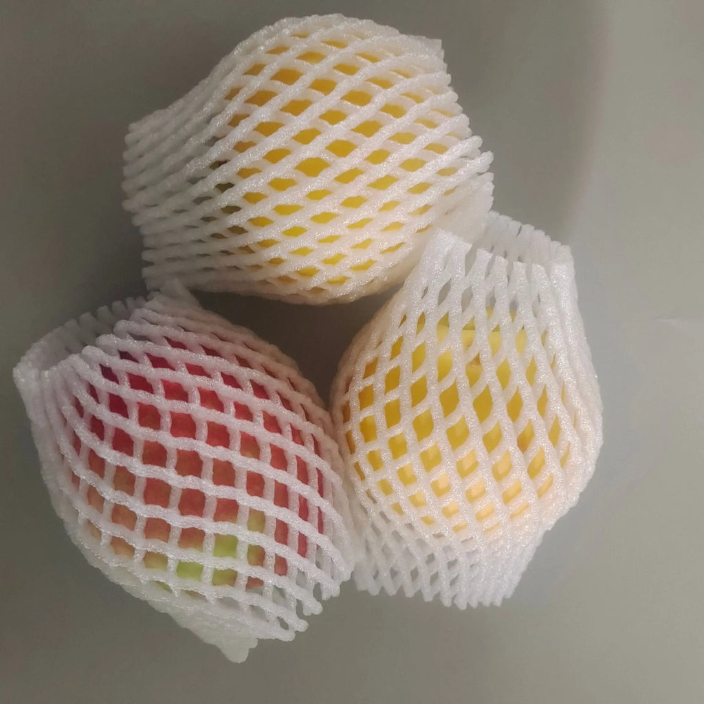 White foam net fruit protective cover shown in various sizes for packing.