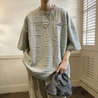 Men's grey retro loose fit t-shirt with 3D letter design on chest