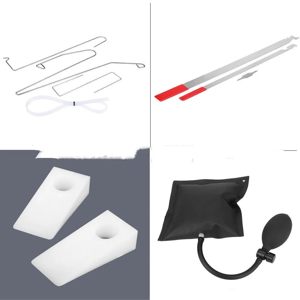 9-piece automotive emergency tool kit with air pump wedge, plastic wedges, and metal crowbars