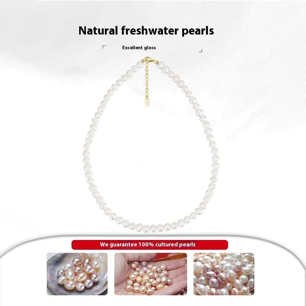 Women's freshwater pearl necklace with adjustable sterling silver chain showing 6-7mm natural pearls