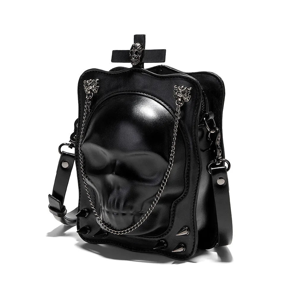 Black mini square crossbody bag with Halloween skull design, chain strap, and Gothic stitching details