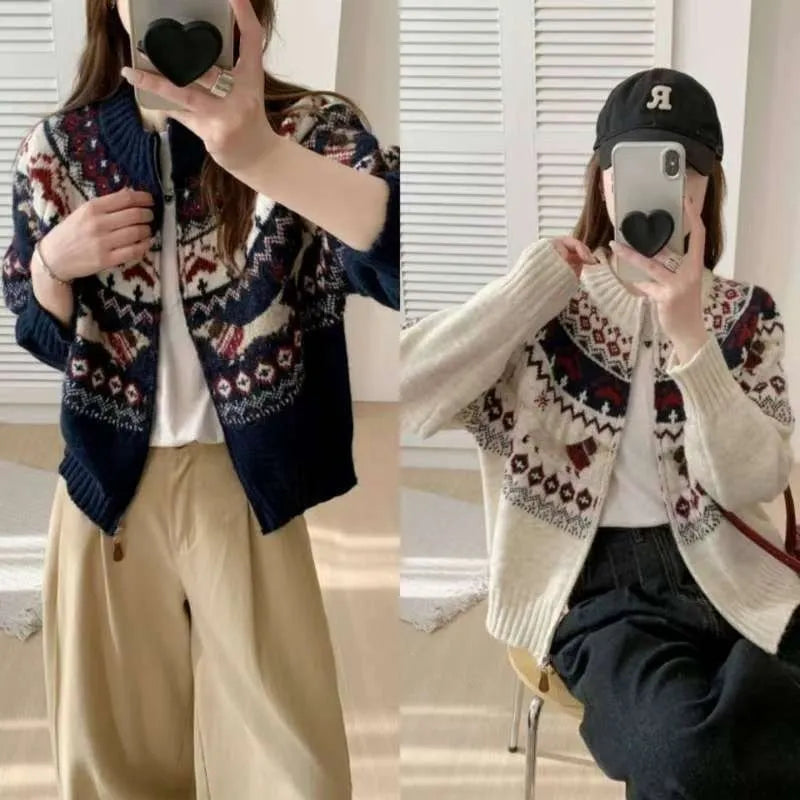Ethnic style jacquard pullover sweater with 3D pattern in loose fit free size