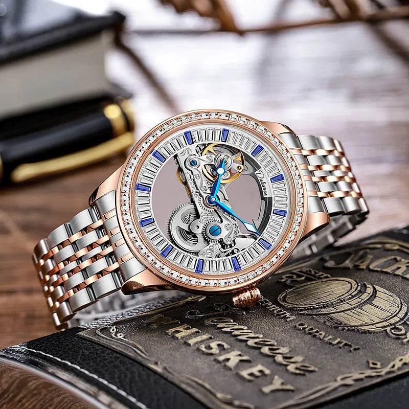 Men's mechanical business watch with transparent case back, 12mm thickness, stainless steel strap and onion head crown