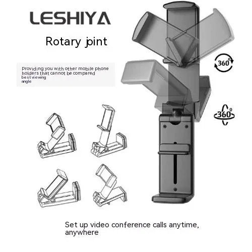 Black foldable rotating phone holder holding a mobile phone on a desk.