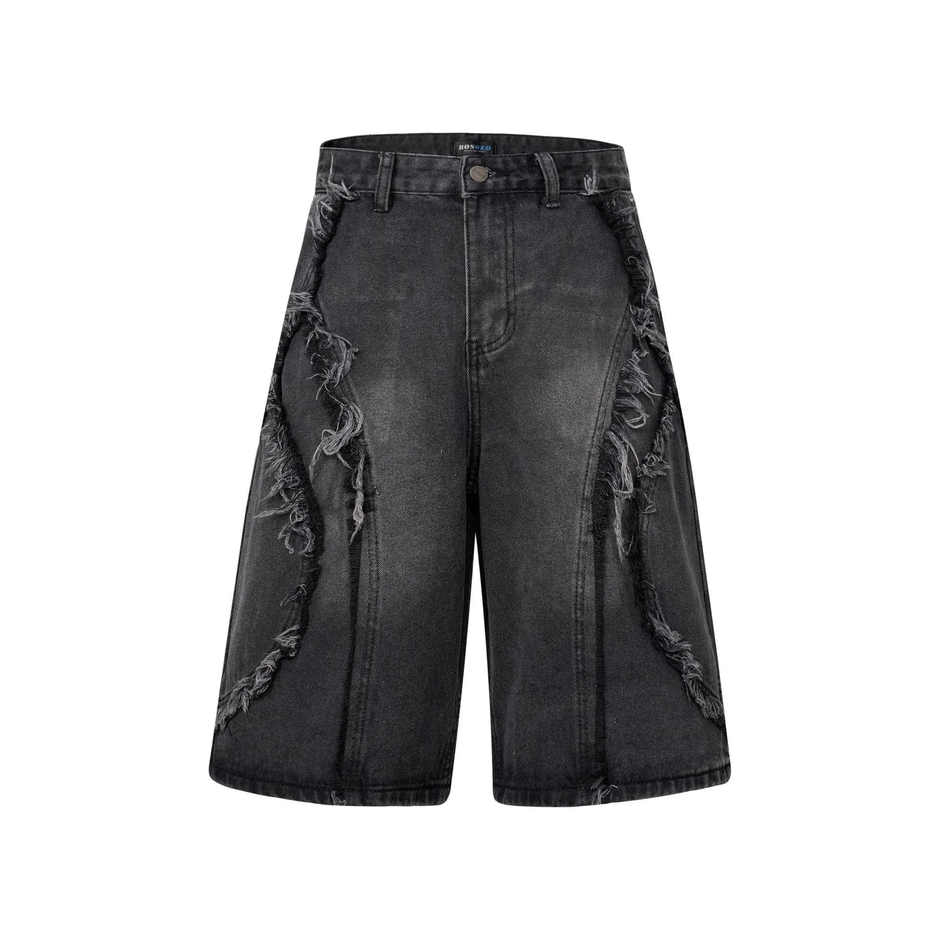 Distressed raw edge denim shorts in light blue, straight leg cropped cut.