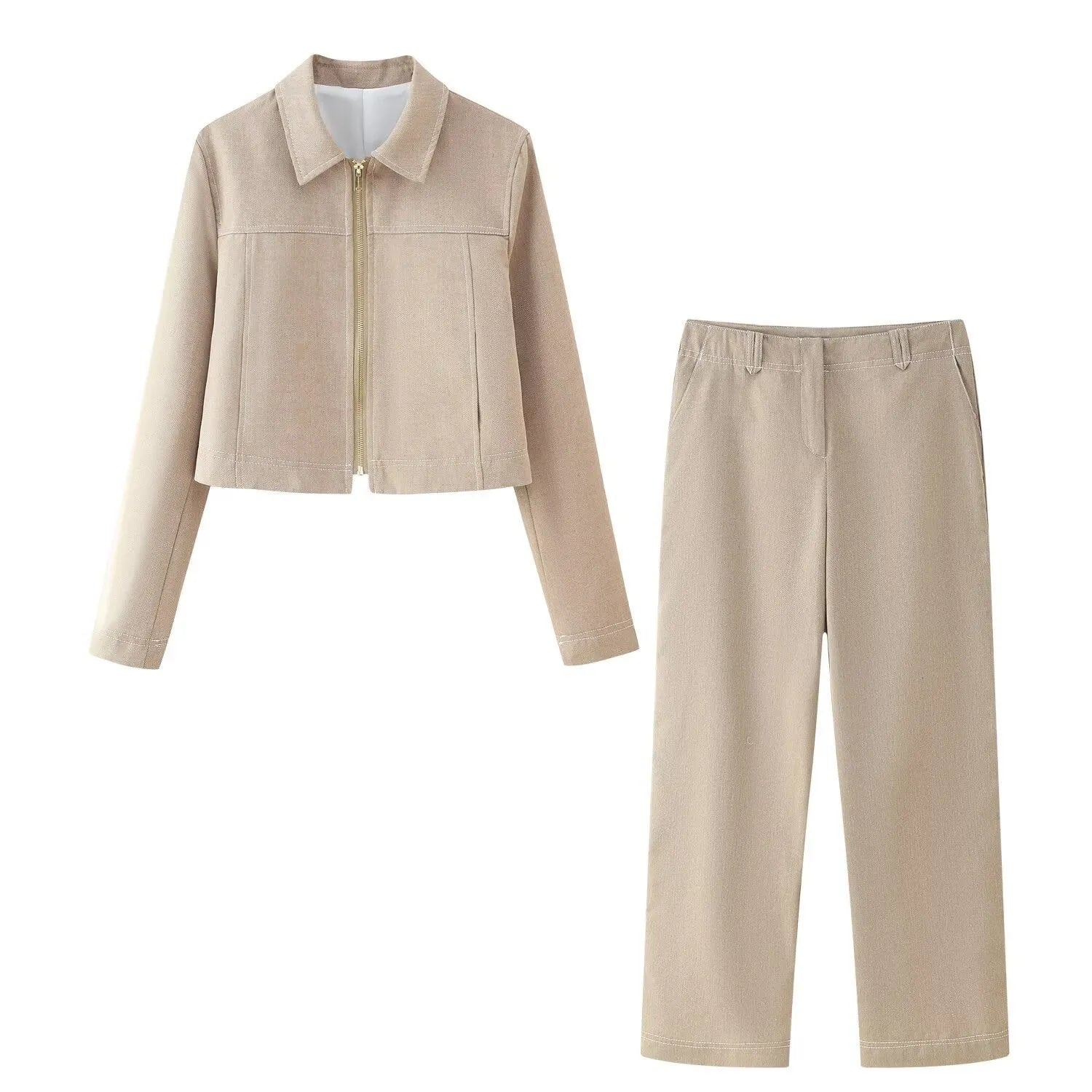 Women's summer casual suit with 3D herringbone embroidery on jacket and straight-leg trousers