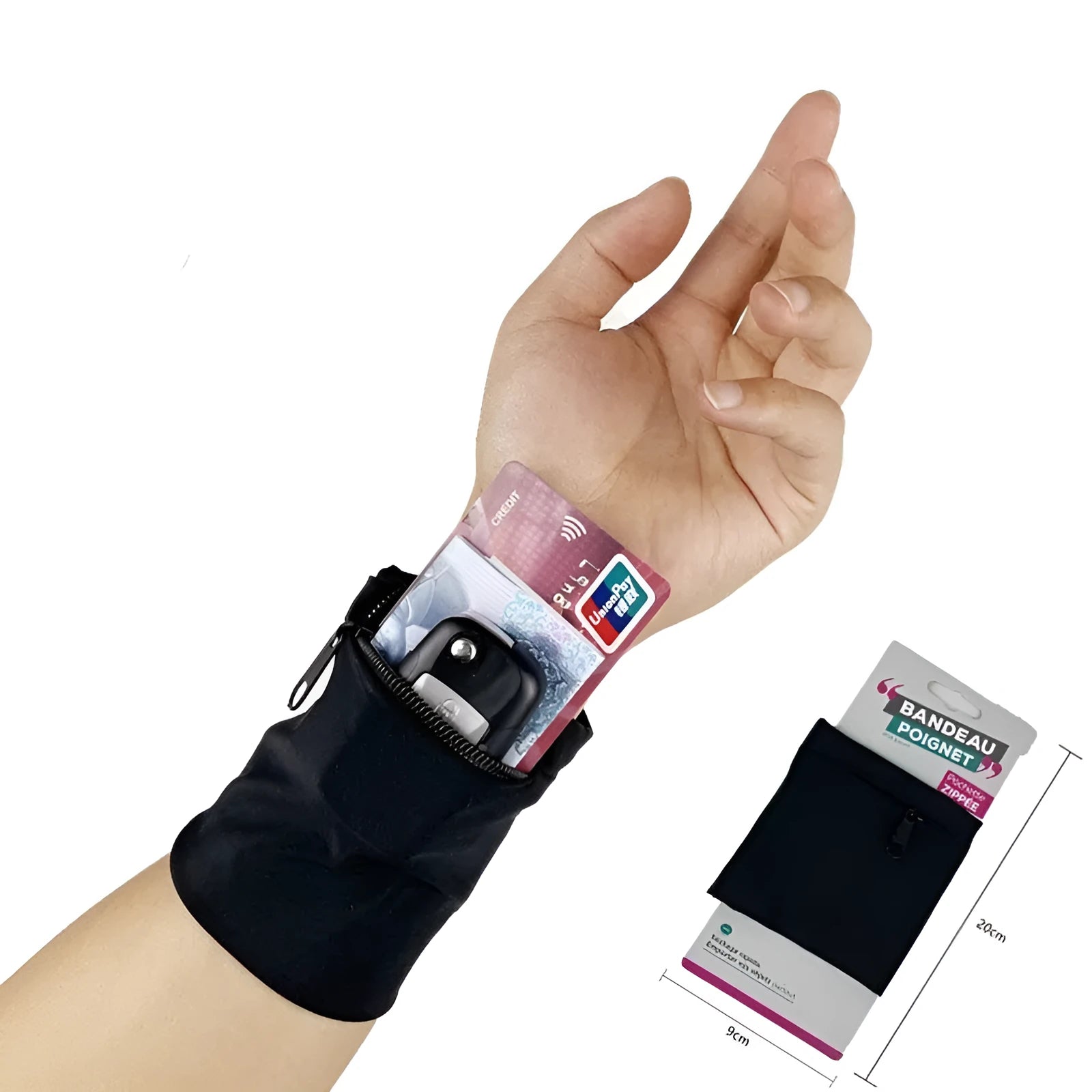 Grey wrist bag armband sleeve for mobile phone, shown with dimensions 10cm by 10.5cm.