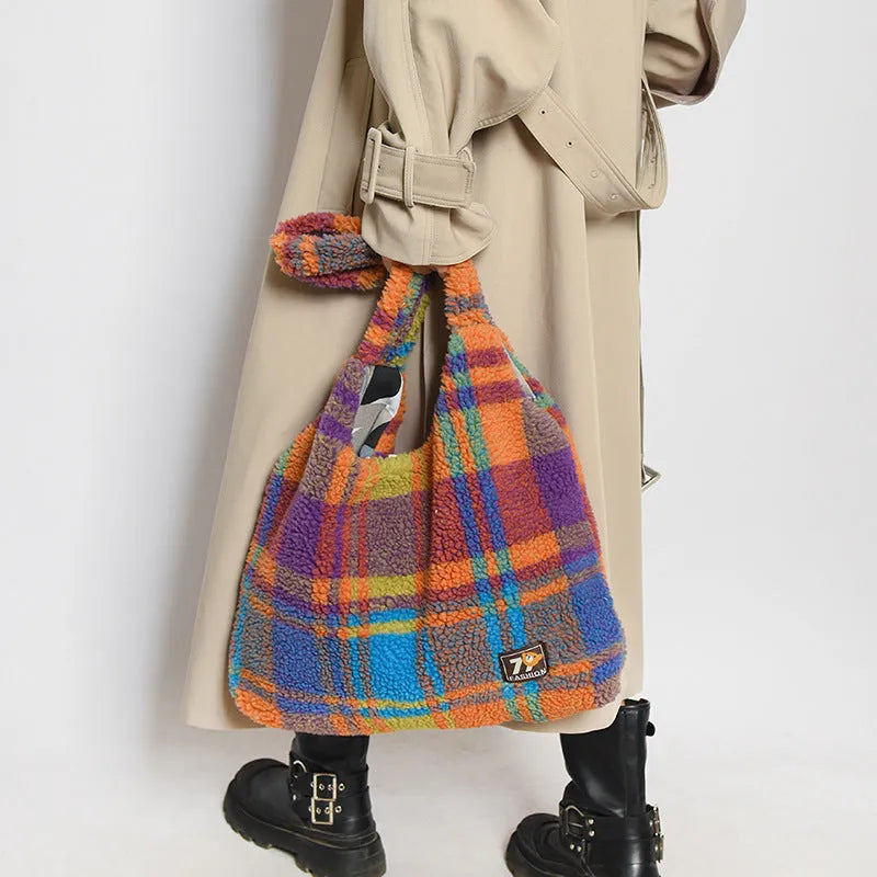 Army green plaid plush women's crossbody tote bag showing large capacity and zip interior.