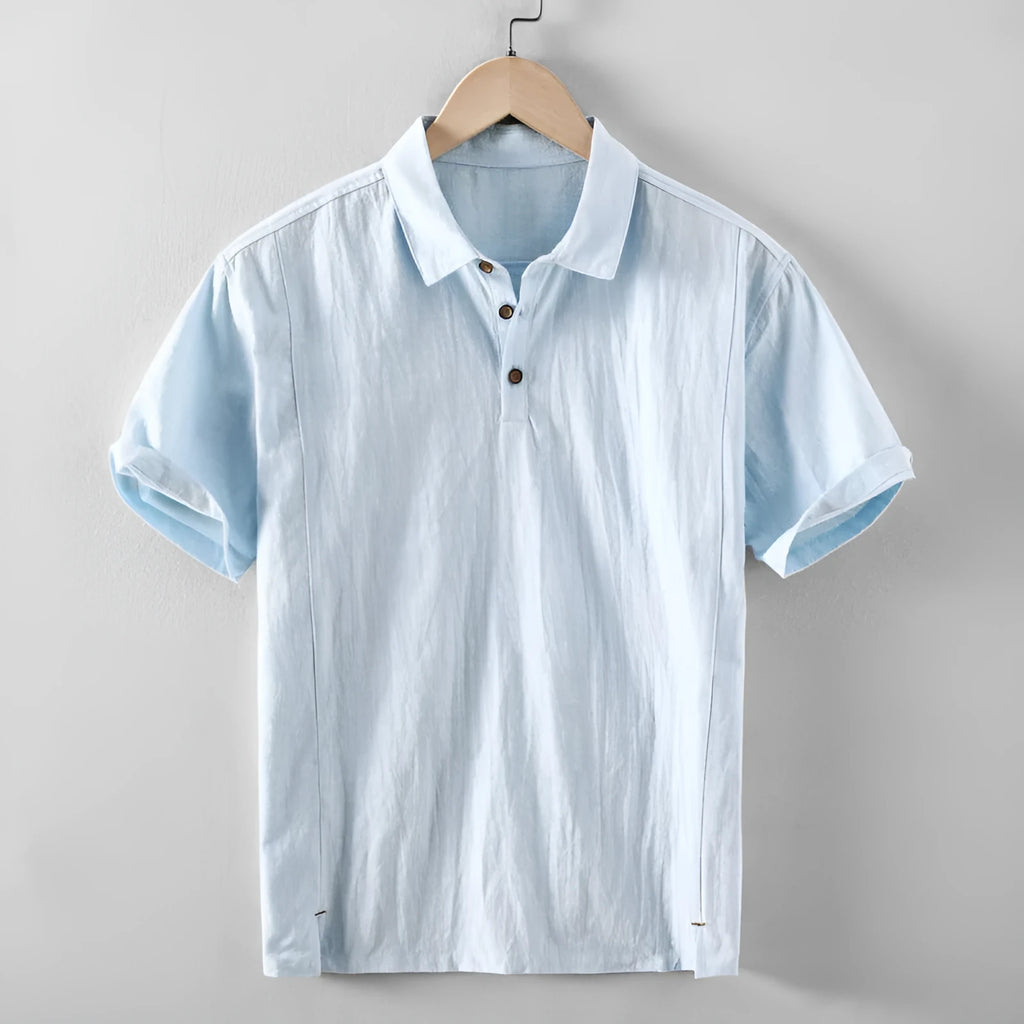 Men's loose fit short sleeve shirt in cotton linen blend solid colour