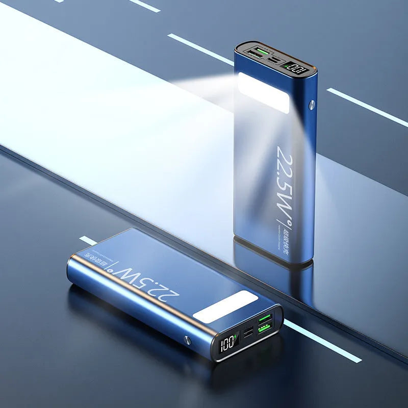 Alloy shell power bank with LCD display showing battery level, in black, green, red, or blue colour.