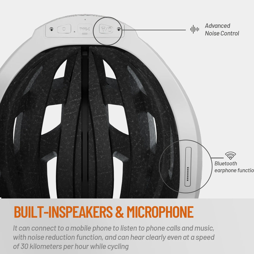 Black and grey smart cycling helmet with integrated LED warning lights on rear and Bluetooth connectivity
