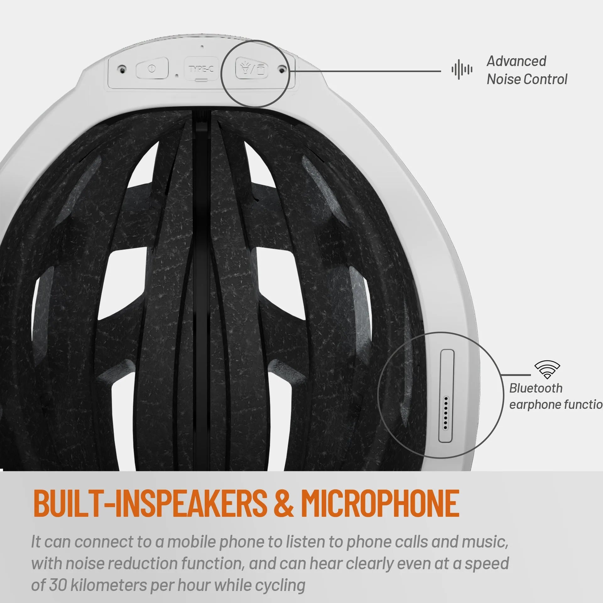 Black and grey smart cycling helmet with integrated LED warning lights on rear and Bluetooth connectivity