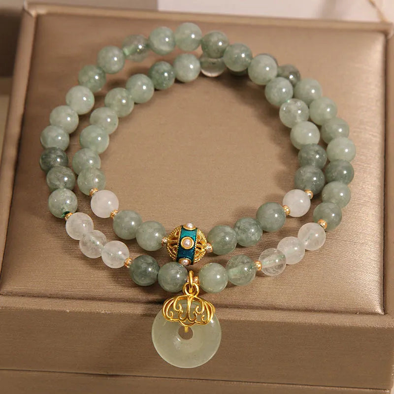 Women's double-layer aventurine jade bracelet with peace buckle in oil green colour