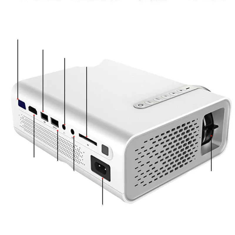 YG530 mini mobile phone projector in black or white showing wireless connection and large projection screen