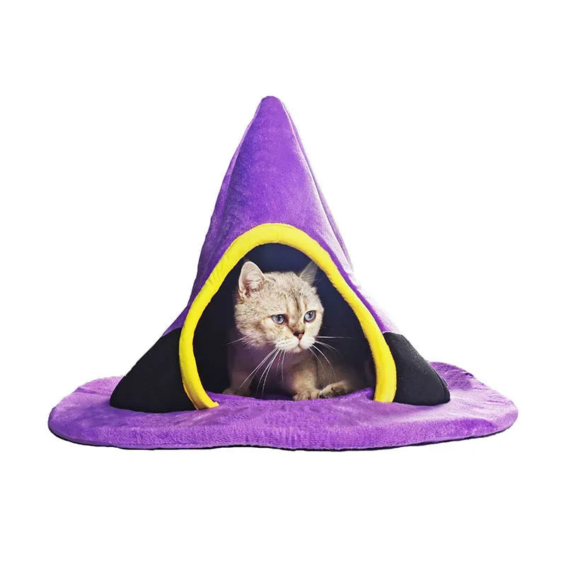 Purple witch hat shaped cat bed measuring 60 by 45 centimetres