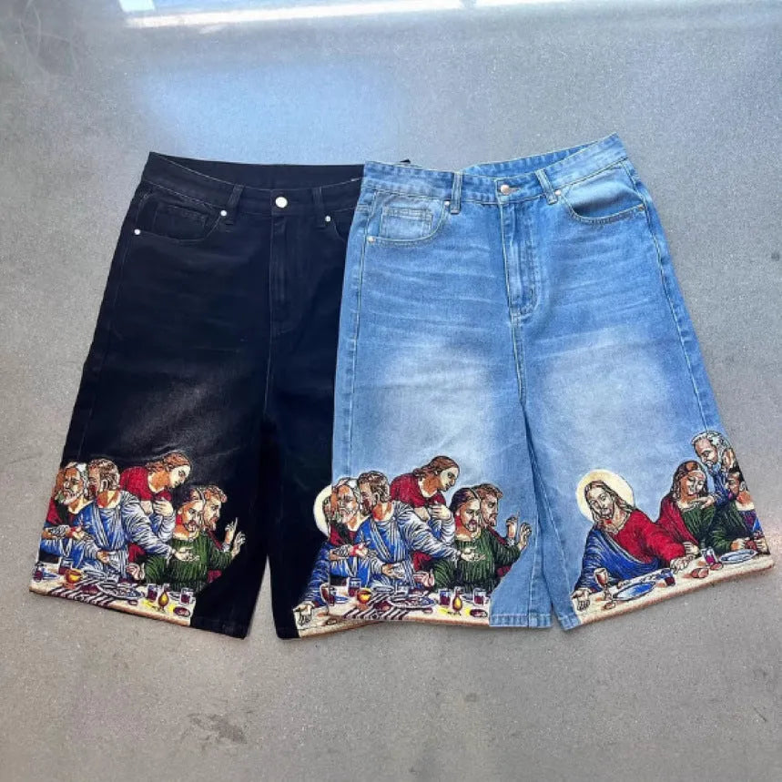Men's blue cotton shorts with a Jesus print on the back pocket, shown from a rear angle.