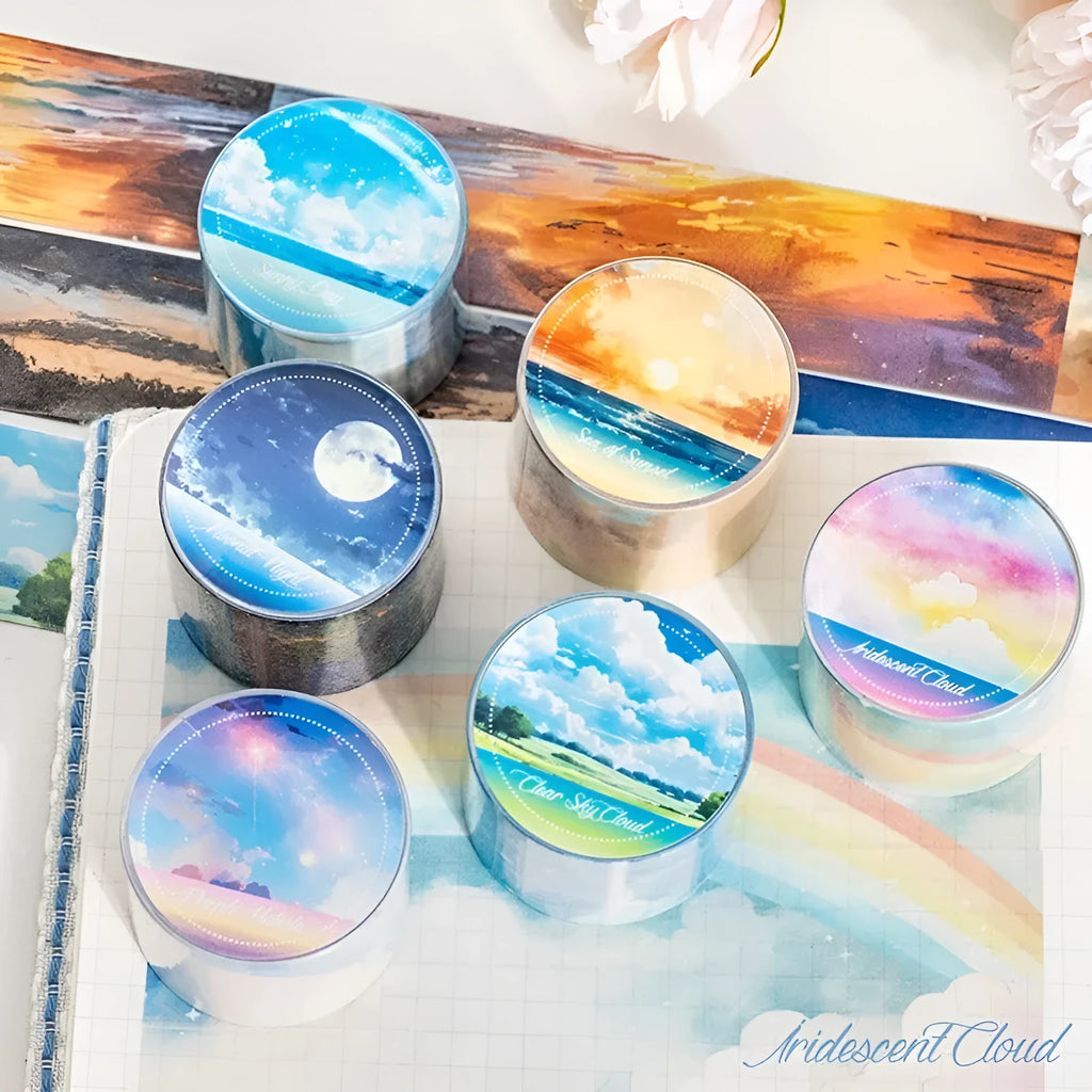 Roll of 30mm Japanese paper tape featuring sky themes like moonlight and clouds for journal decoration