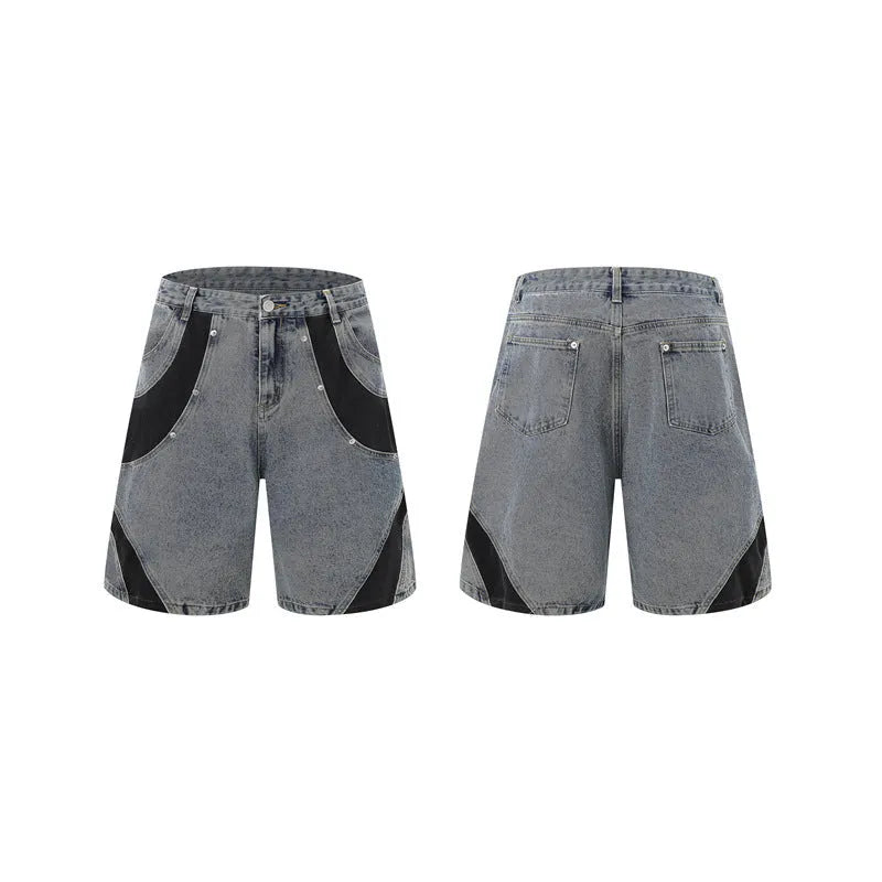 Retro denim suit with short-sleeved jacket and full-length trousers in black or blue street style