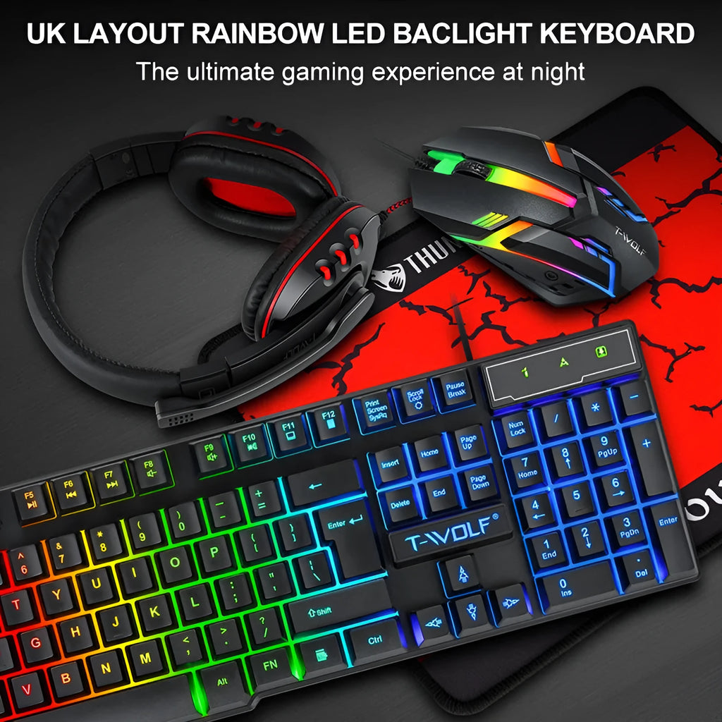 Thunder Wolf T800 and Spirit Snake wired gaming keyboard, mouse, headset, and mouse mat four-piece sets on a desk