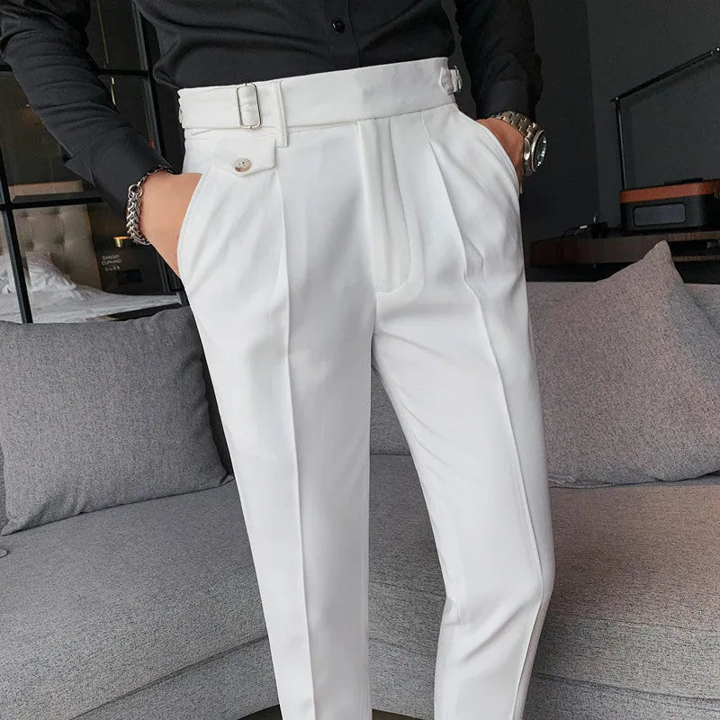 Men's straight-leg casual trousers in a solid colour on a hanger.