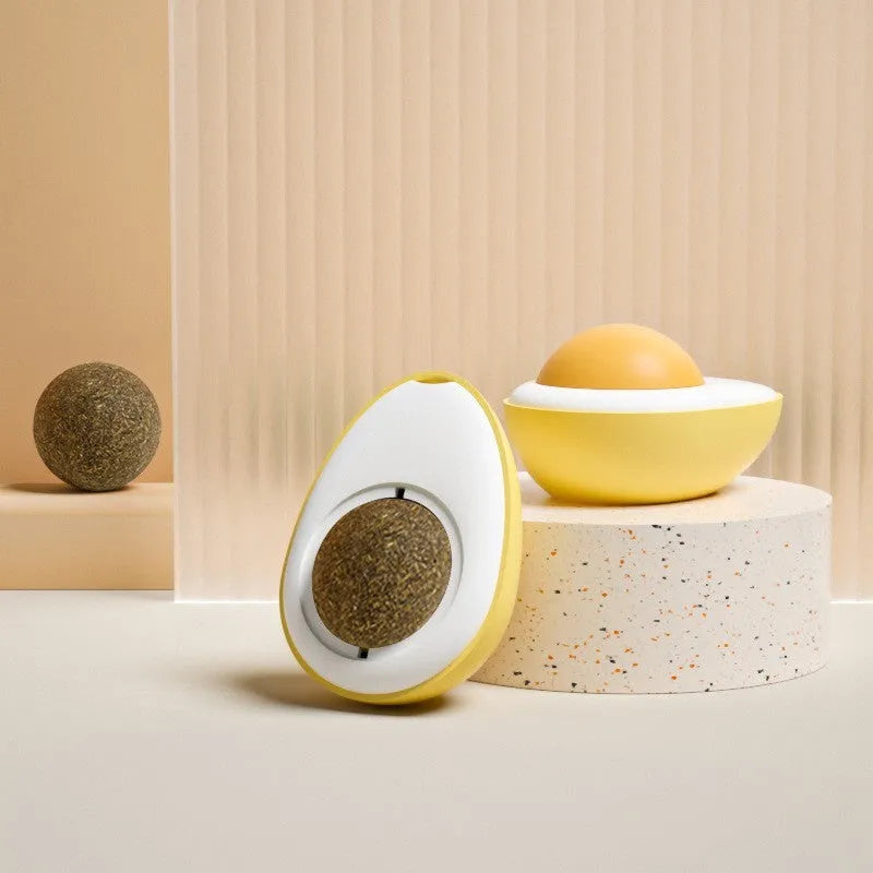 Organic catnip ball toy in egg shape with wall mounting for feline dental care and interactive play