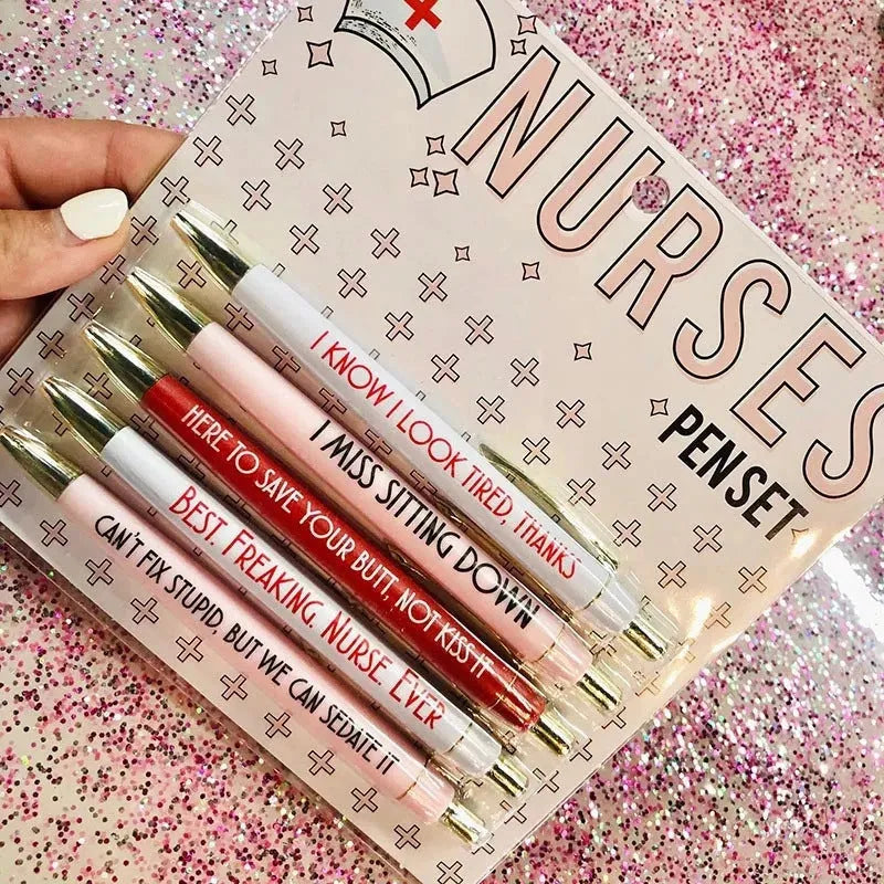 Set of five nurse theme retractable ballpoint pens with medical designs