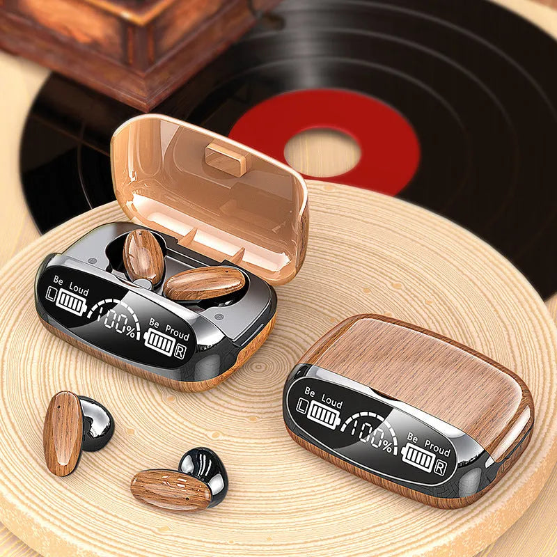 M35 wood grain Bluetooth wireless earphones with charging case on display