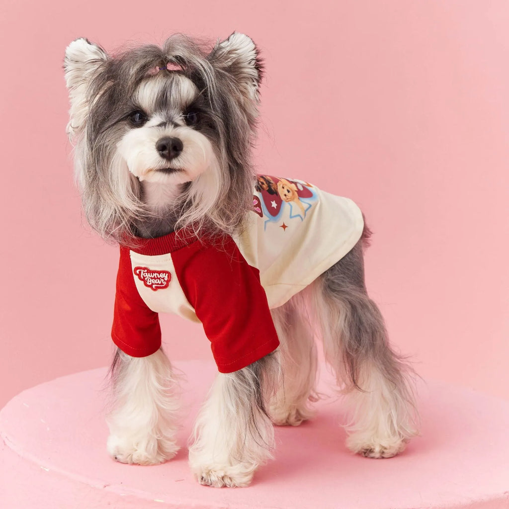 Cotton dog summer clothes with embroidered design in red or pink, sizes XS to XXL