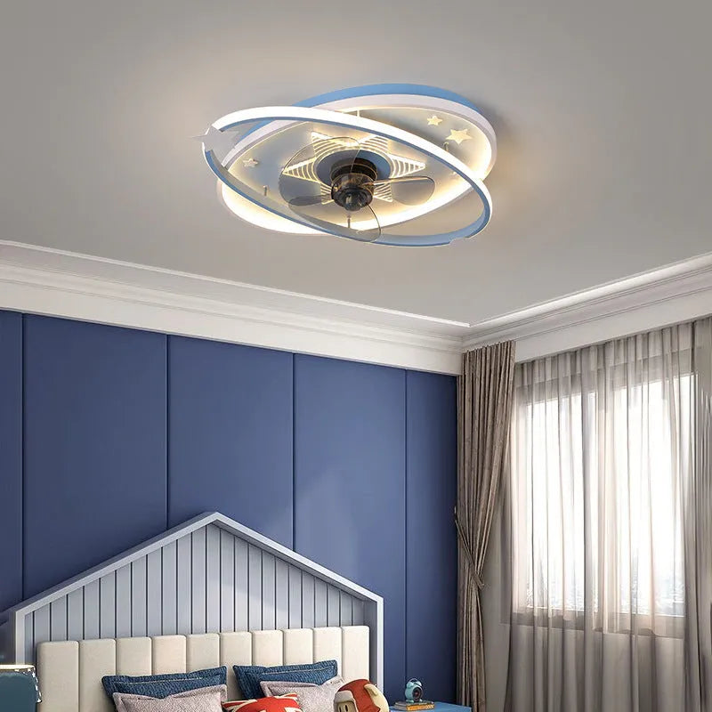 Modern iron chandelier ceiling fan with LED light for children's bedroom in blue colour