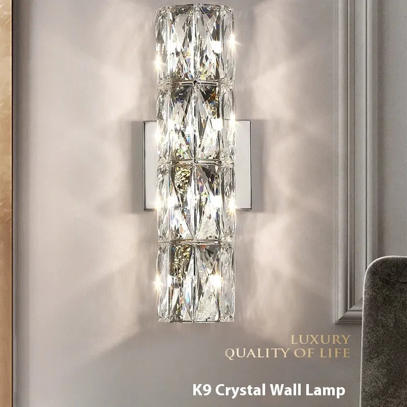 Crystal LED wall lamp with stainless steel frame in chrome finish showing tri-colour lighting