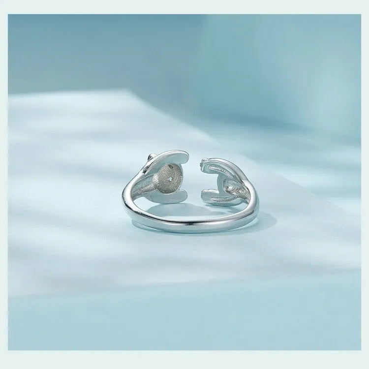 Adjustable sterling silver panda open ring with white gold plating showing animal zodiac design