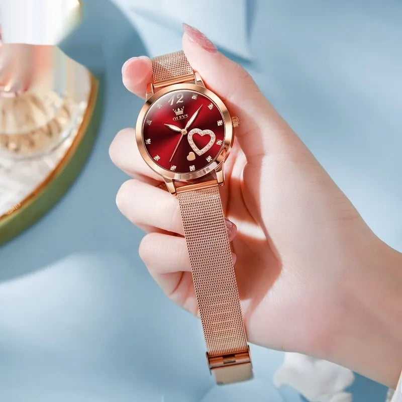 Women's fashion watch with rose shell alloy case and mesh strap in six colour variations