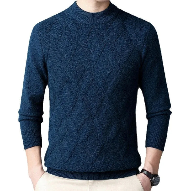 Men's diamond jacquard knit winter pullover sweater in a wool and polyester blend.