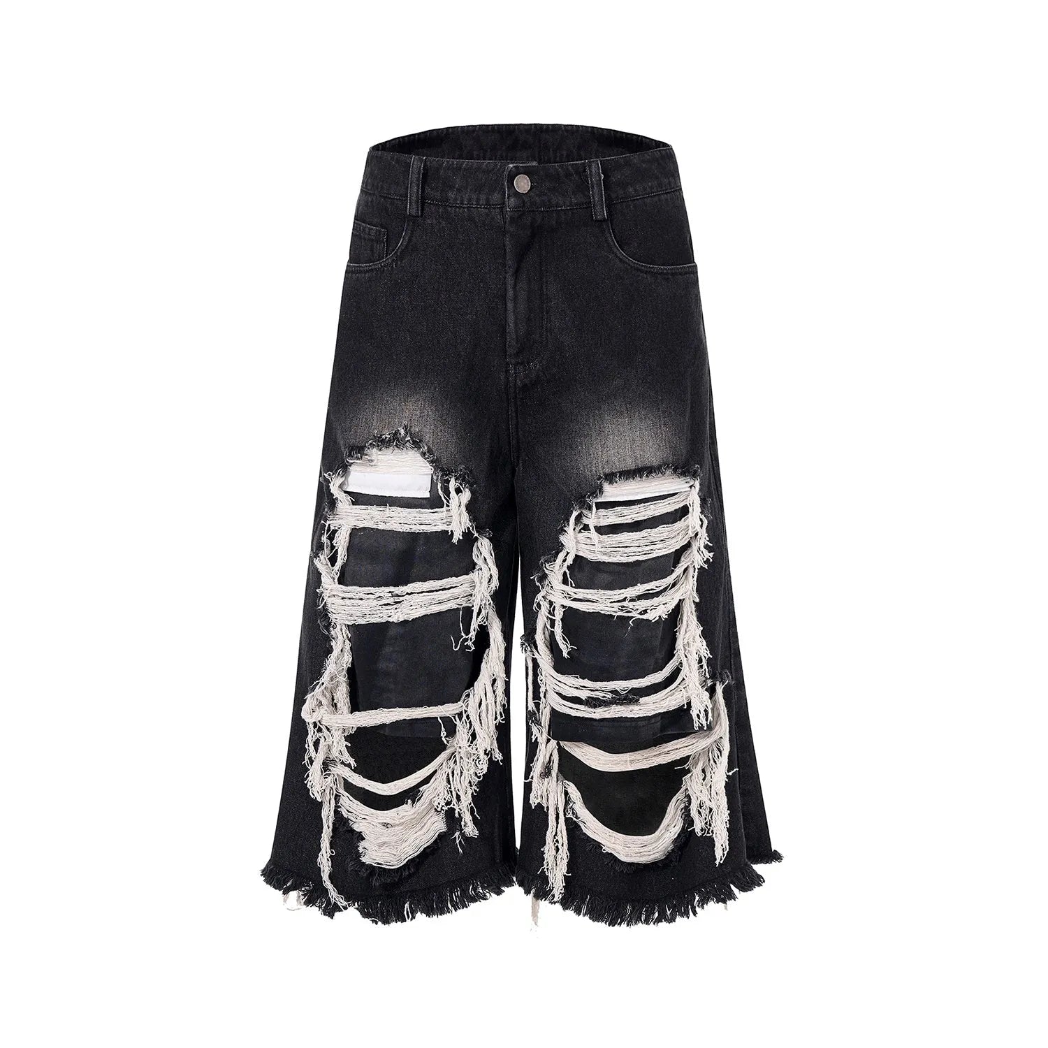 Black cropped wide-leg jeans with mid-high waist and ripped patch details on cotton denim fabric