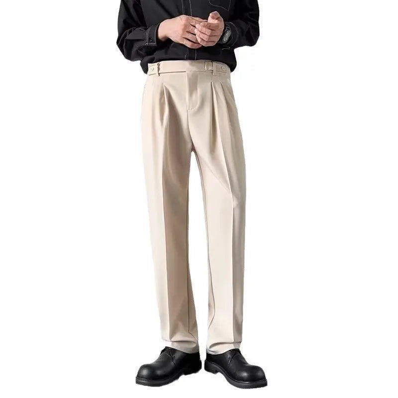Men's straight-leg loose fit suit trousers in apricot colour on a hanger