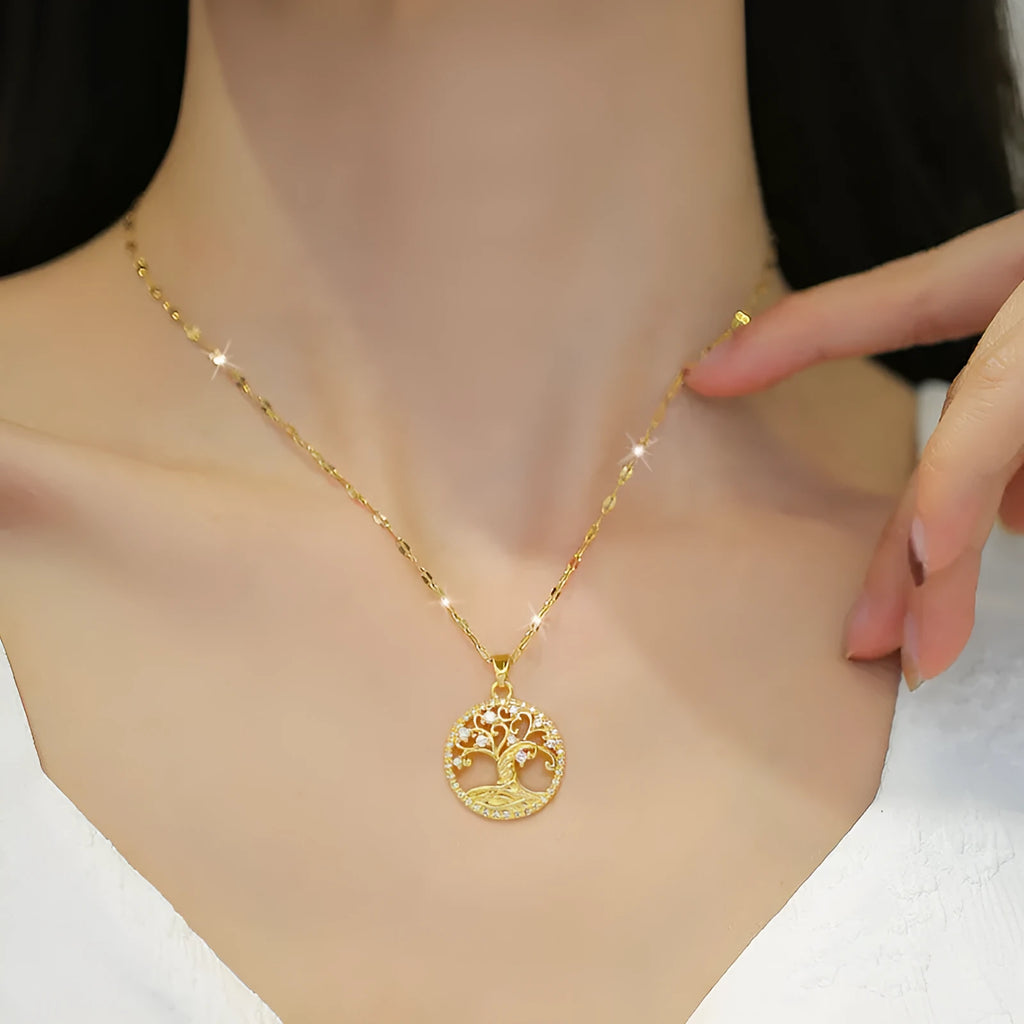 Gold-plated lucky tree cross necklace with mother pearl pendant and rhinestone zircon stones on adjustable chain
