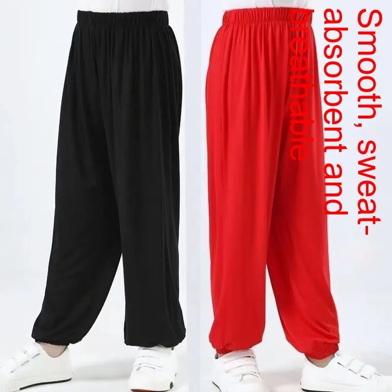 Children's high elasticity Sanda practice pants in black, red, or white colours with Lycra fabric