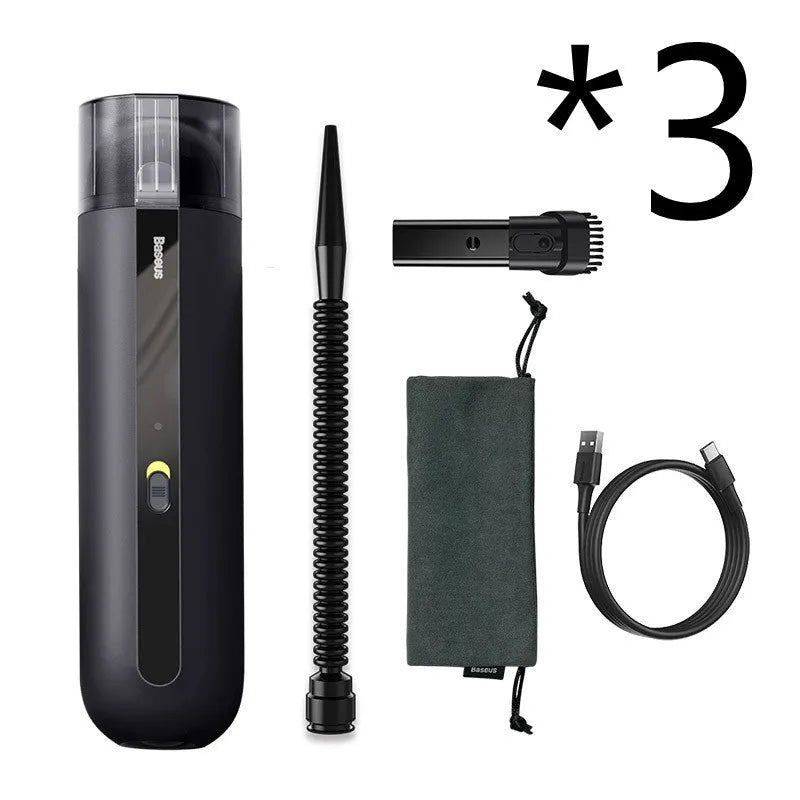BASEUS wireless handheld car vacuum cleaner in black, white, or green with blowing hose attachment.