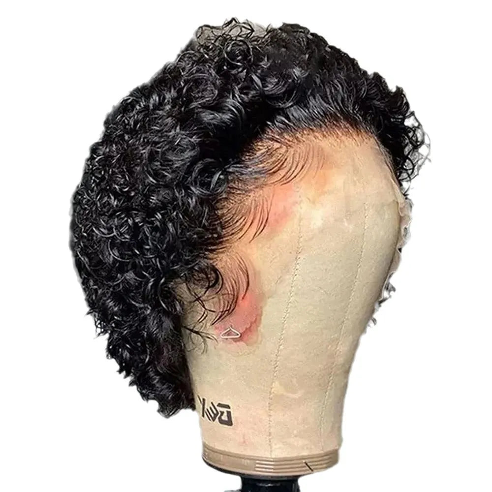 Black human hair pixie wig with lace front hair cover in 13x1 colour