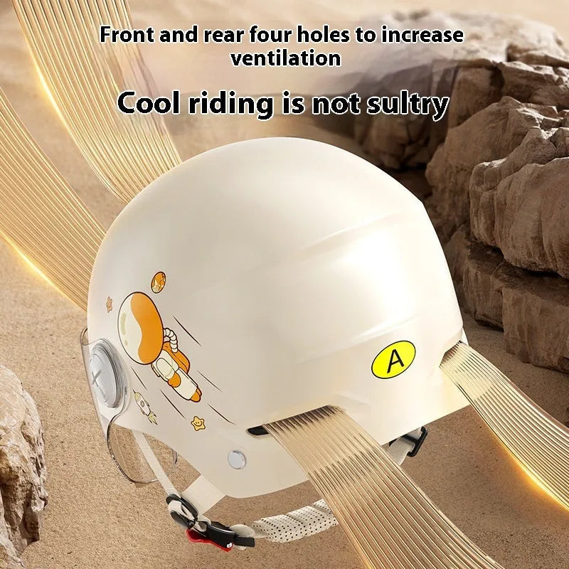 Khaki electric motorcycle half helmet with HD mirror lens on white background
