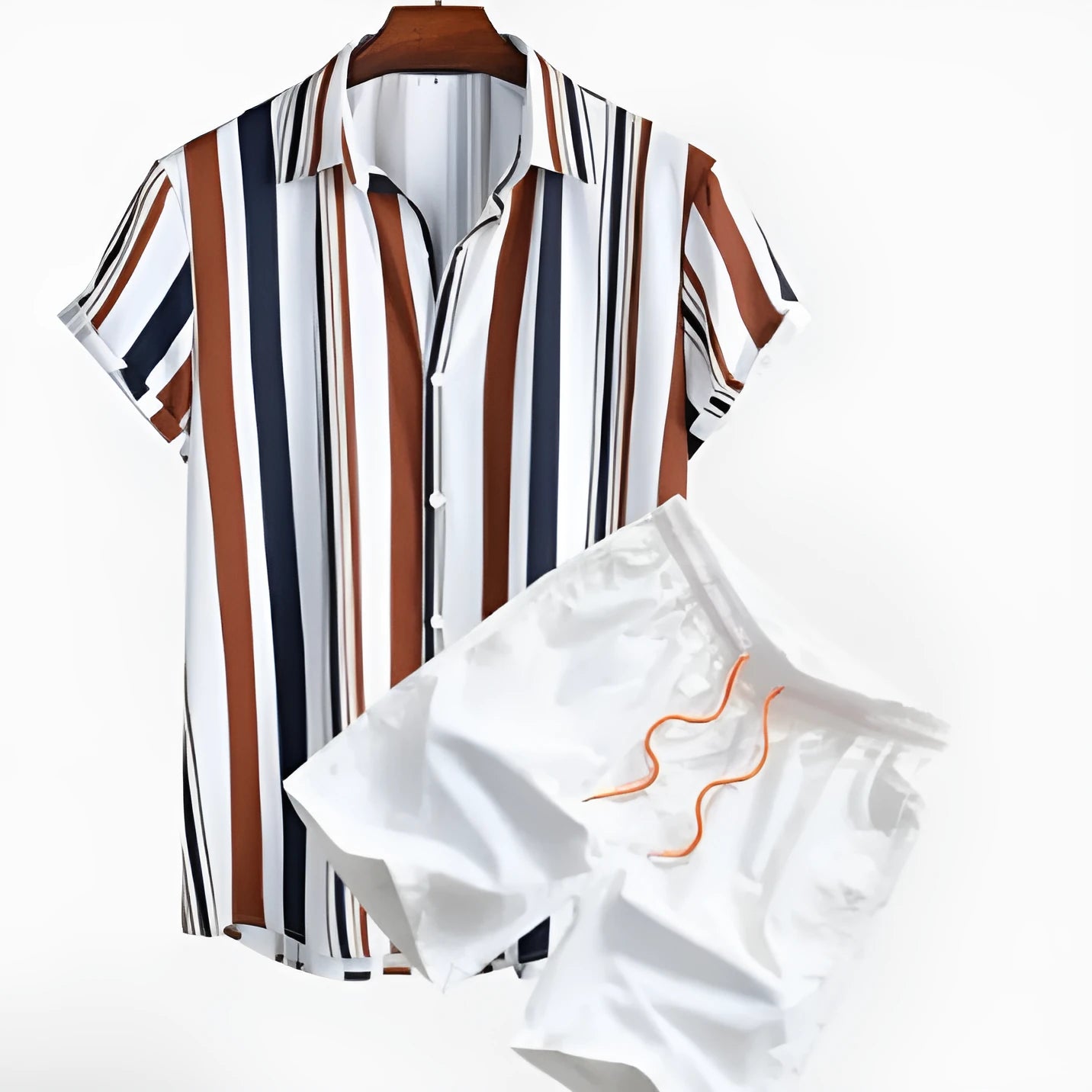 Man wearing a digital print short sleeve cardigan and matching shorts from the casual suit set.