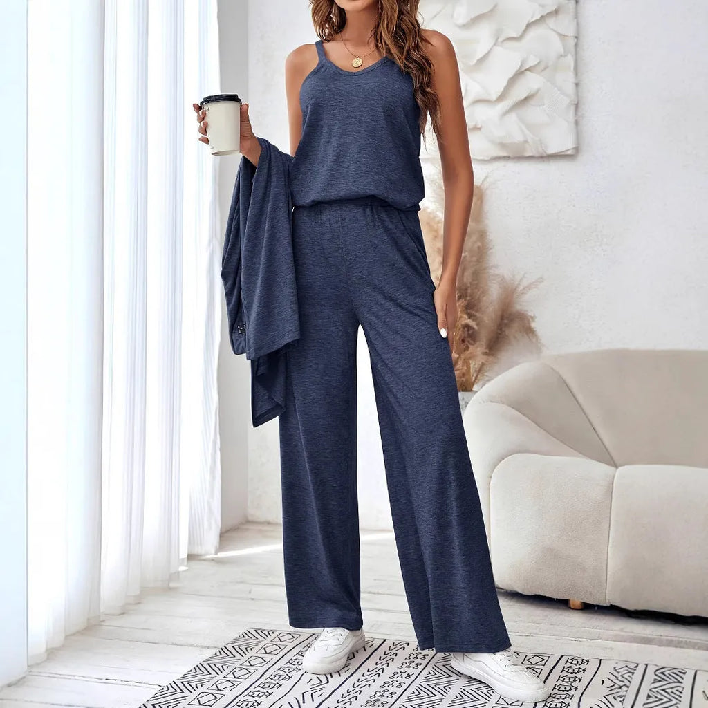 Blue women's three-piece suit with sling top, cardigan trousers and detachable suspenders